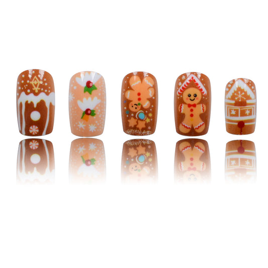 Gingerbread Wonderland Medium Square Brown Nails with Festive Holiday Artwork