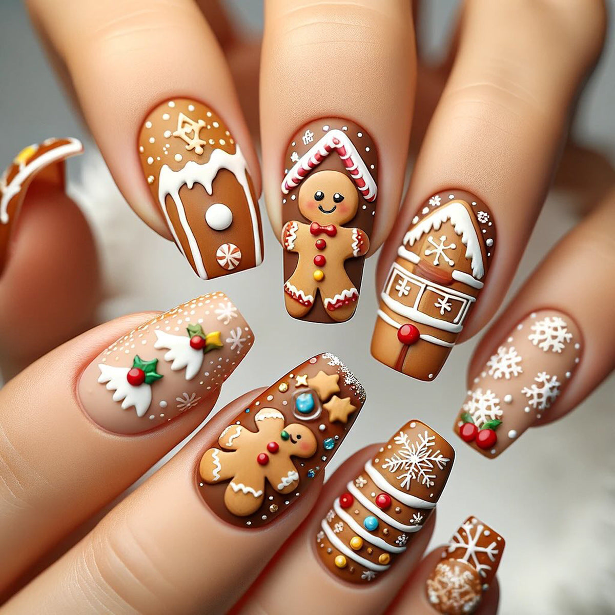 Gingerbread Wonderland Medium Square Brown Nail Set with Festive Winter Designs