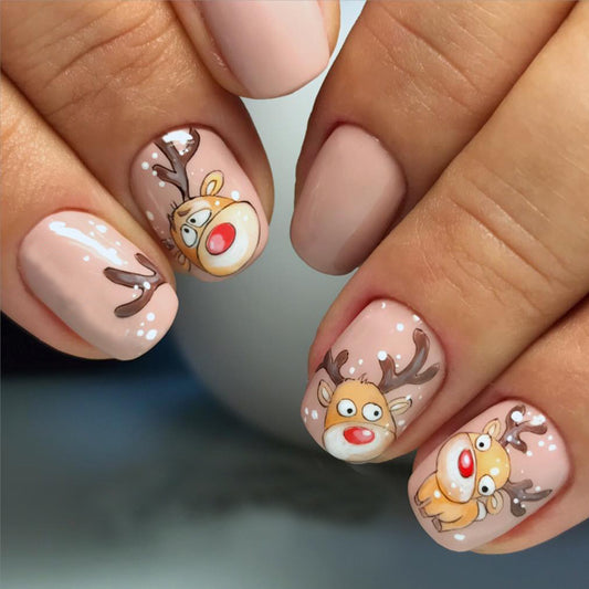 Festive Reindeer Themed Medium Square Beige Press On Nail Set with Whimsical Rudolph Designs and Glitter Accents