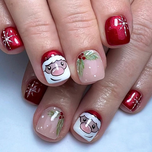 Holiday Cheer Short Square Red and Beige Santa Themed Press On Nail Set with Glitter Accents and Festive Floral Designs