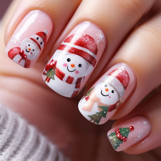 Winter Wonderland Medium Square Red and White Decorative Snowman Press On Nail Set with Holiday Charm