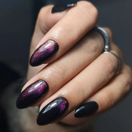 Galactic Glamour Long Almond Purple Black Glitter Press On Nail Set