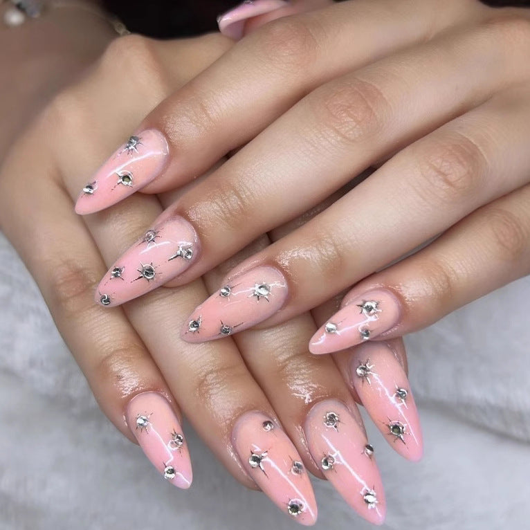 Glamorous Stardust Press On Nail Set Long Almond Shape Soft Pink Color with Sparkling Silver Gems