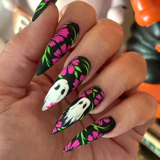 Mysterious Floral Long Stiletto Black and Pink Nail Set with Whimsical Ghost Designs