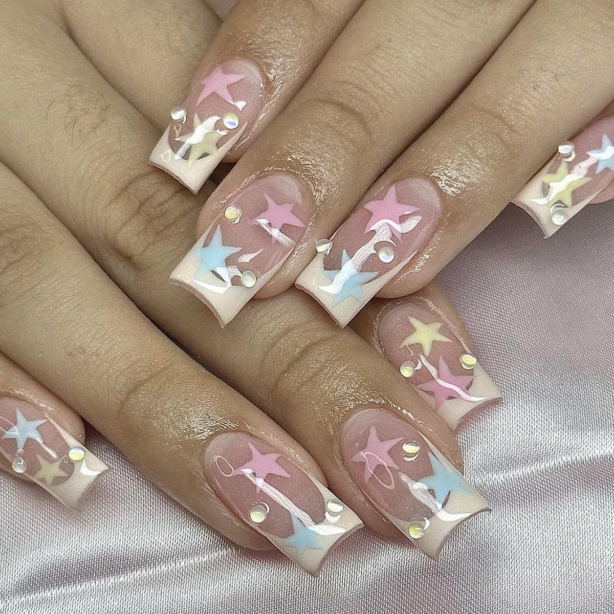 Celestial Dream Press On Nail Set Long Square Pink Blue and Yellow Star Design with Rhinestones