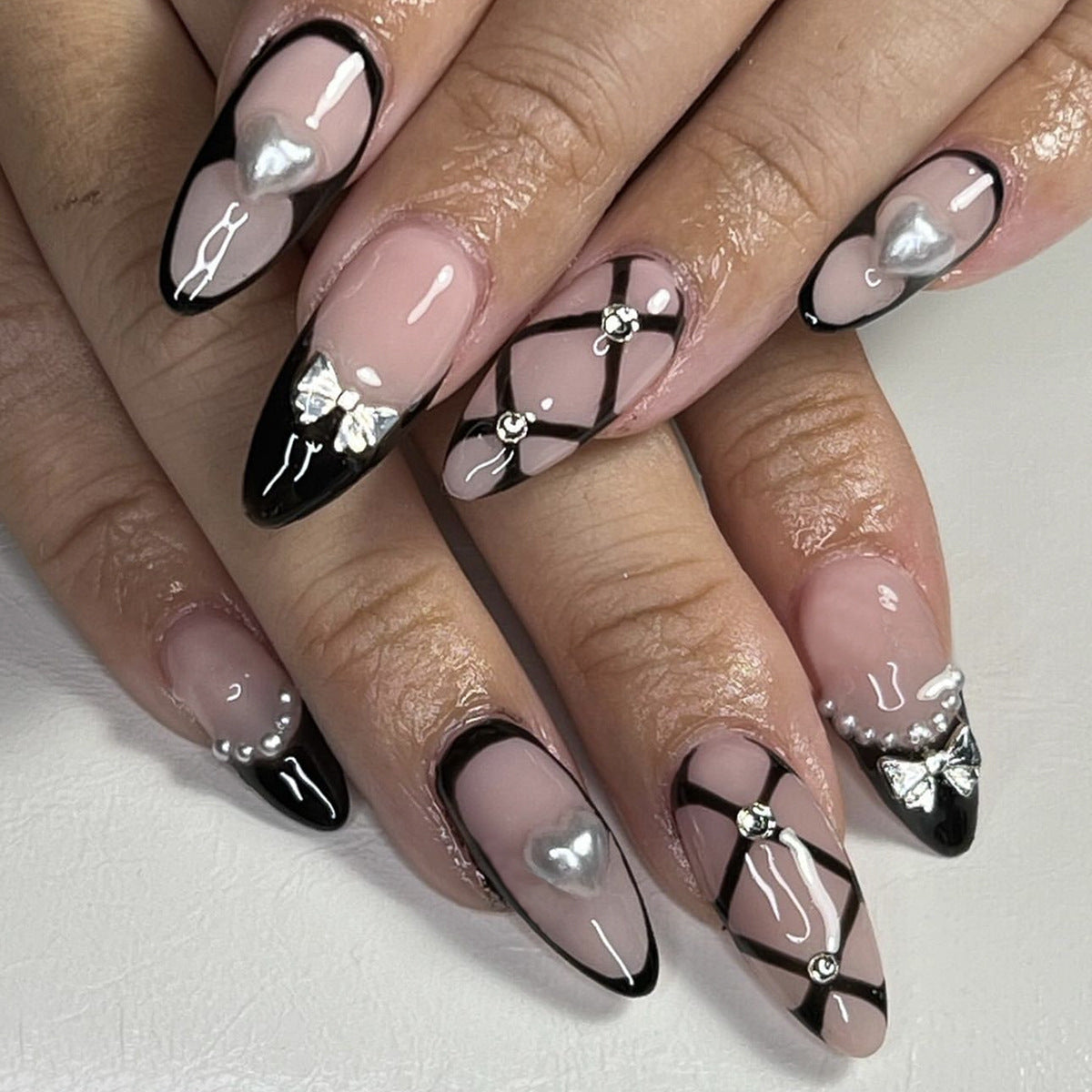 Glamorous Evening Chic Long Almond Black and Pink Press On Nail Set with Pearl and Bow Accents