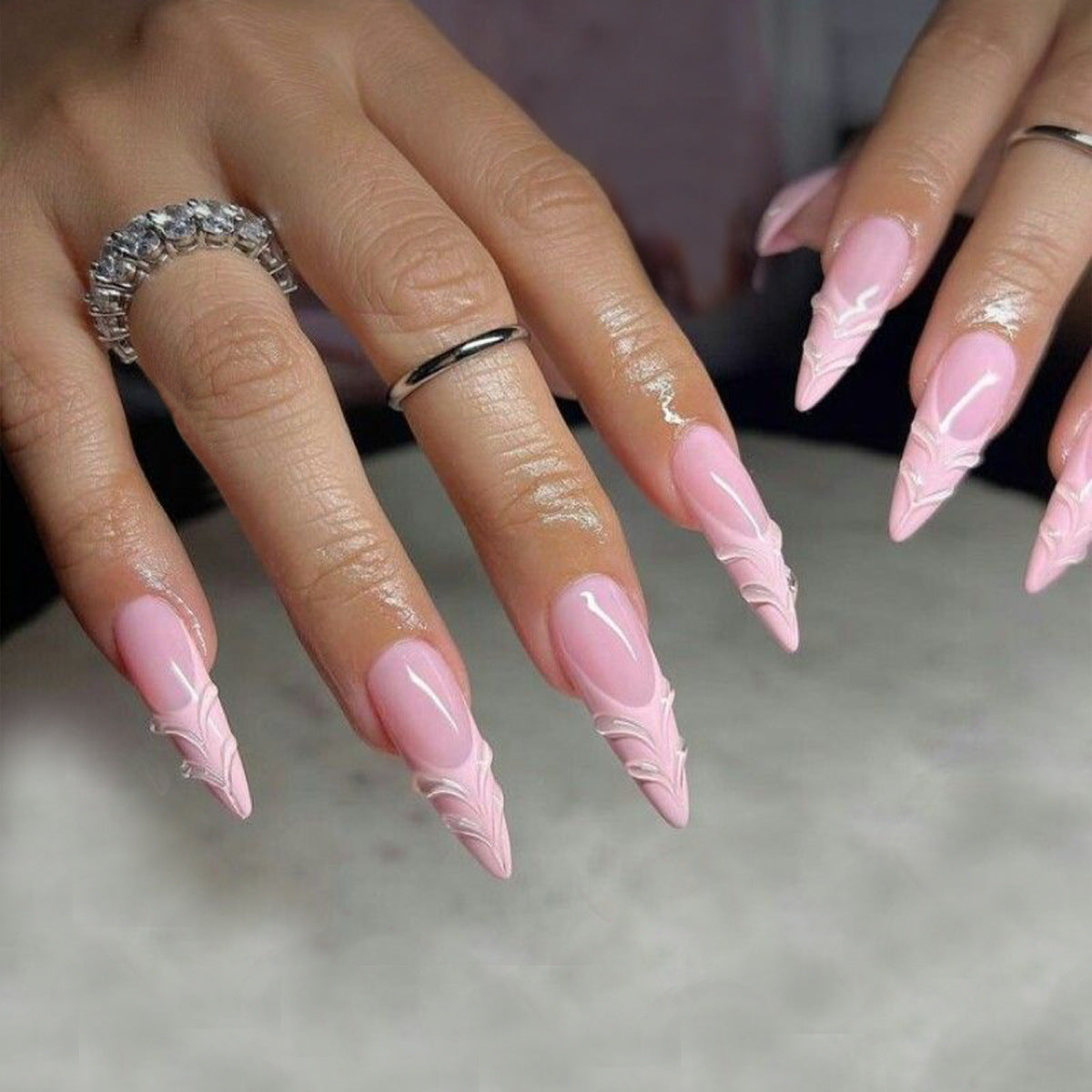 Chic Elegance Long Stiletto Pink Press On Nail Set with Intricate White Patterns