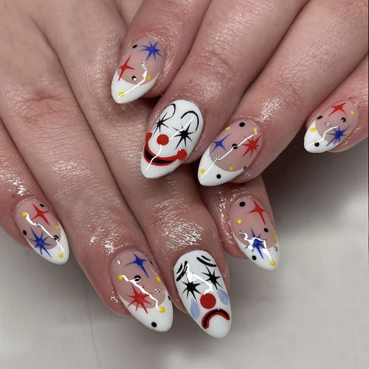 Clown Circus Themed Long Almond White Press On Nail Set with Colorful Star Designs and Fun Clown Faces