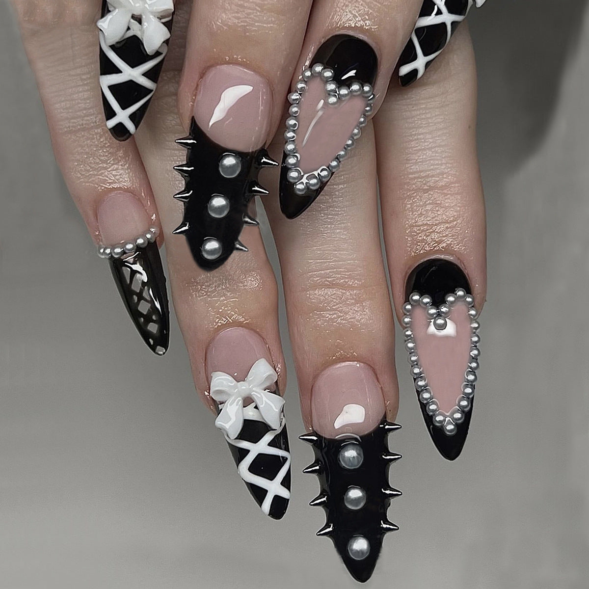 Gothic Elegance Almond Shaped Black and Beige Press On Long Nail Set with Pearl and Bow Embellishments