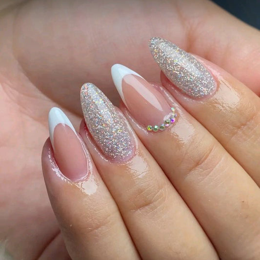 Glamorous Fairy Dust Long Almond Glittery Silver White and Pink Press On Nail Set with Iridescent Rhinestone Detail