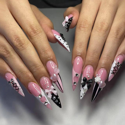 Chic Romance Long Stiletto Pink and Black Press On Nail Set with 3D Floral and Gem Accents