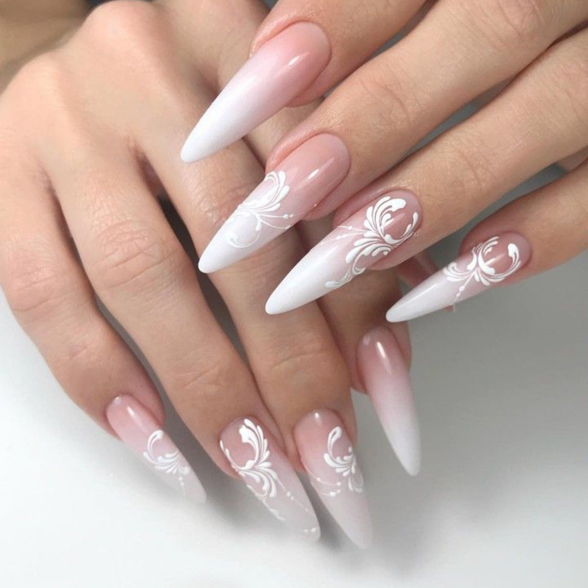 Elegant Floral Dream Long Stiletto Press On Nails Ombre White and Pink with Intricate Lace Design