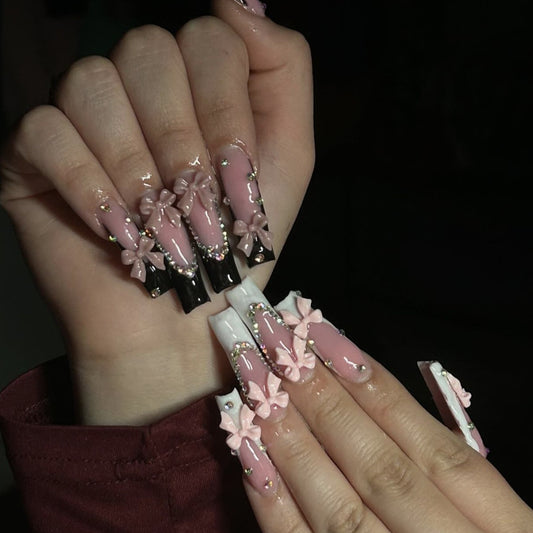 Charming Floral Fantasy Long Square Pink and Black Press On Nail Set with Bow Accents and Glitter Embellishments