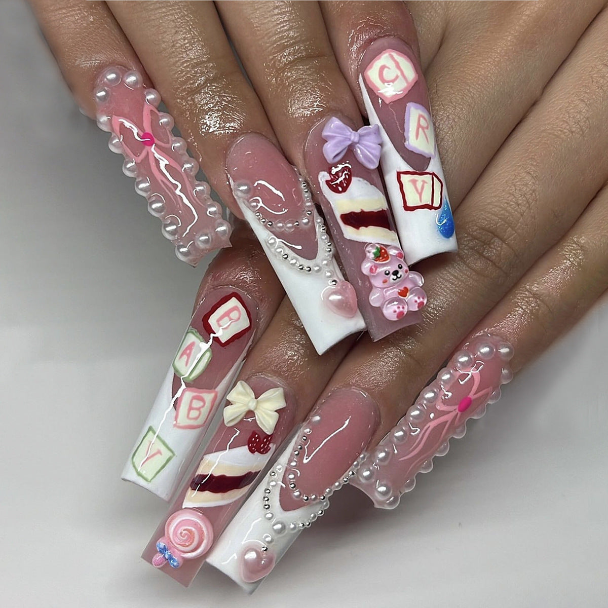 Sweet Candyland Extra Long Square Pink White Press On Nail Set with 3D Pearls and Cute Decor Elements