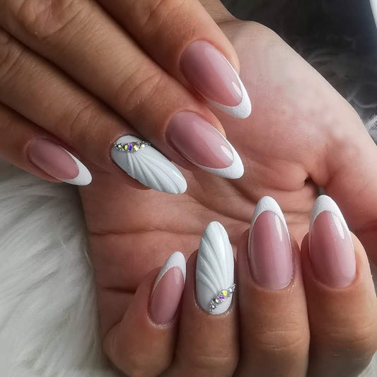 Elegant Winter Wonderland Almond Shaped Beige and White Press On Long Nail Set with Rhinestone Accents