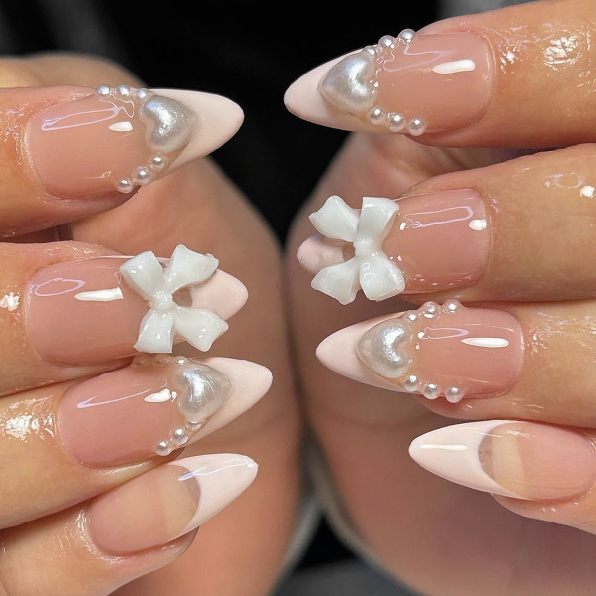 Chic Bow Dreams Long Almond Press On Nail Set Pink and White with 3D Bow and Pearl Accents