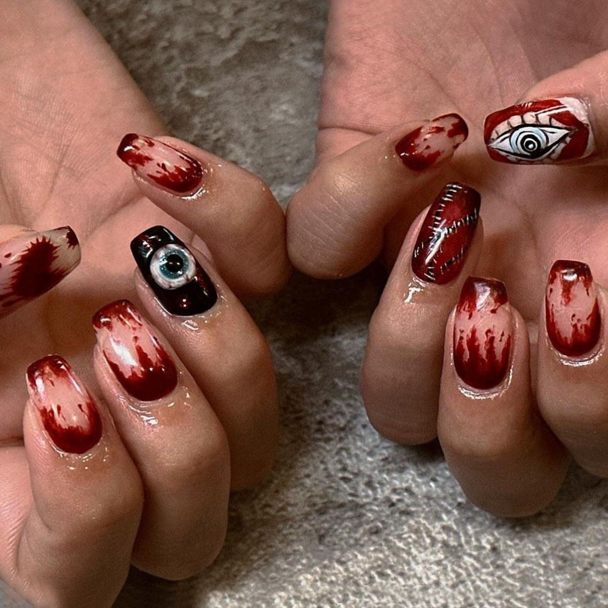 Spooky Horror Themed Long Coffin Red and Black Press On Nail Set with Eye and Blood Drip Designs