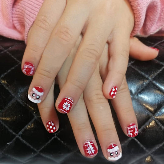 Festive Cheer Short Square Red Press On Nail Set with Cute Santa and Snowflake Designs