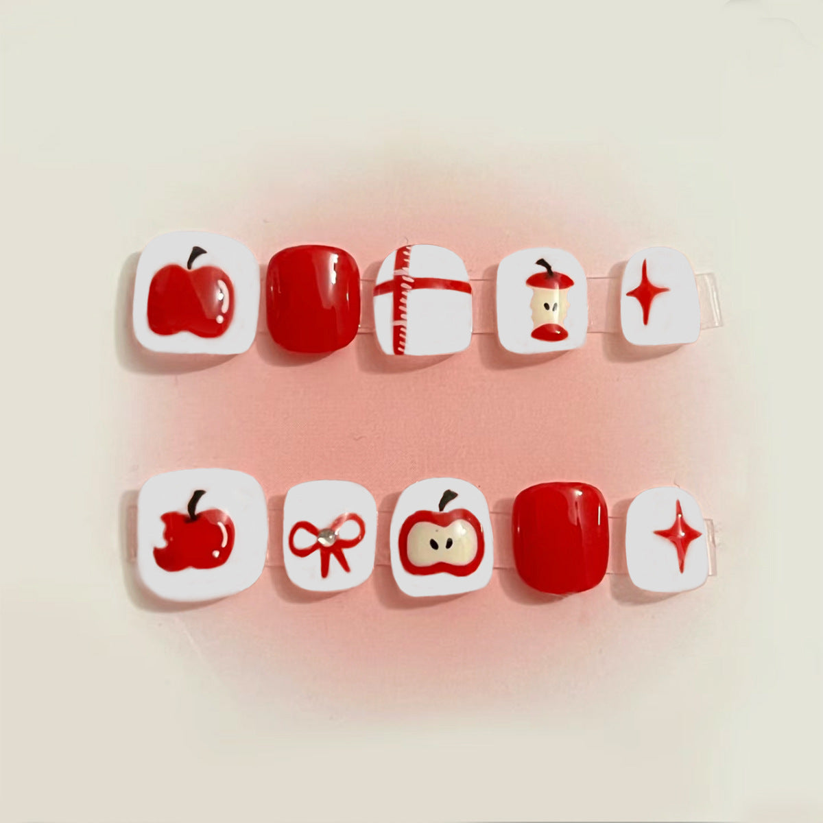 Apple Orchard Delight Square Short Red Press On Nail Set with Fun Fruit Designs