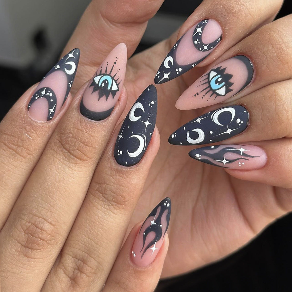 Celestial Dream Long Stiletto Black and Pink Press On Nail Set with Unique Eye and Moon Designs