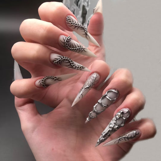 Edgy Chic Long Stiletto Press on Nails White and Black with Metallic Chains and Unique 3D Texture