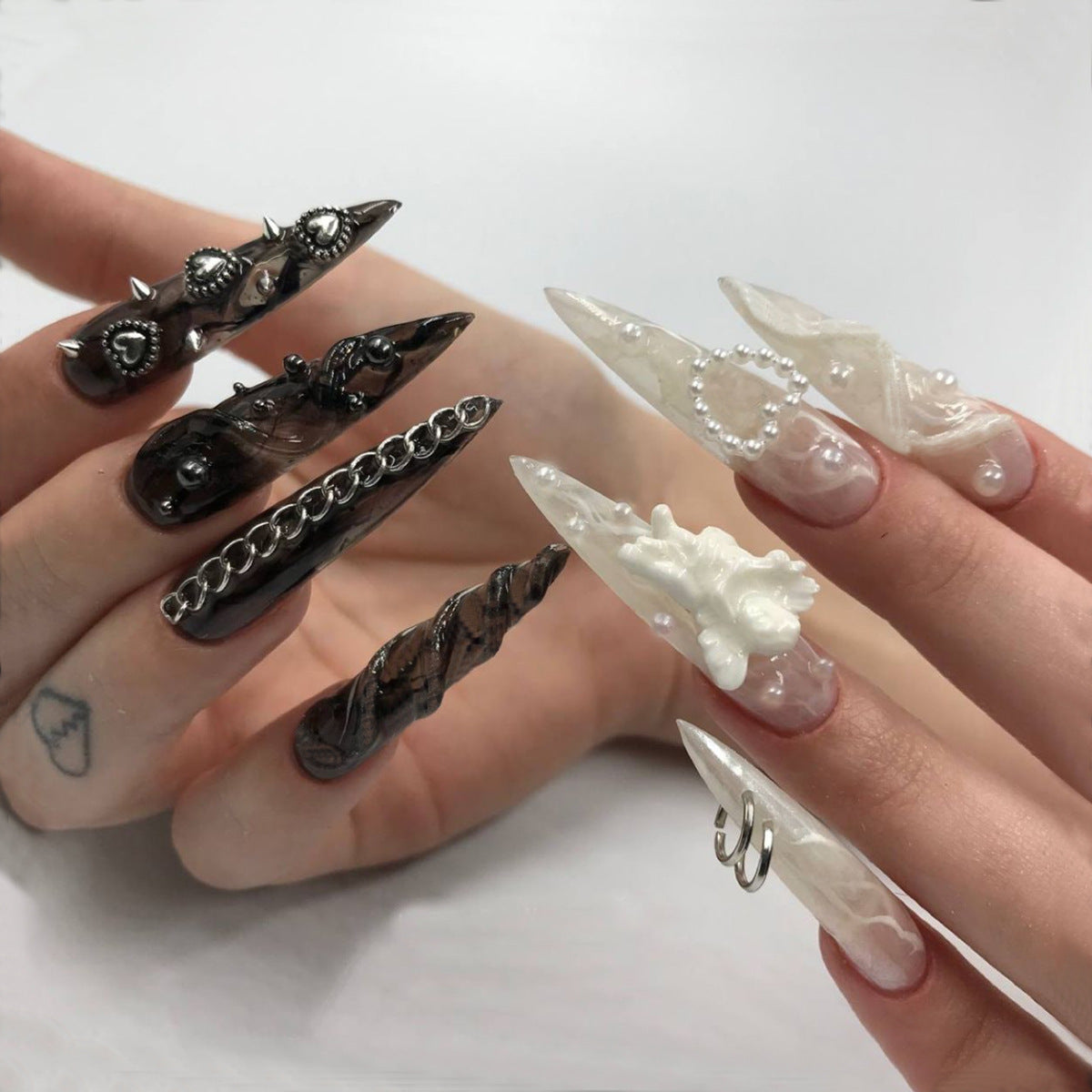 Gothic Elegance Long Stiletto Black and White Press On Nail Set with 3D Decorative Elements