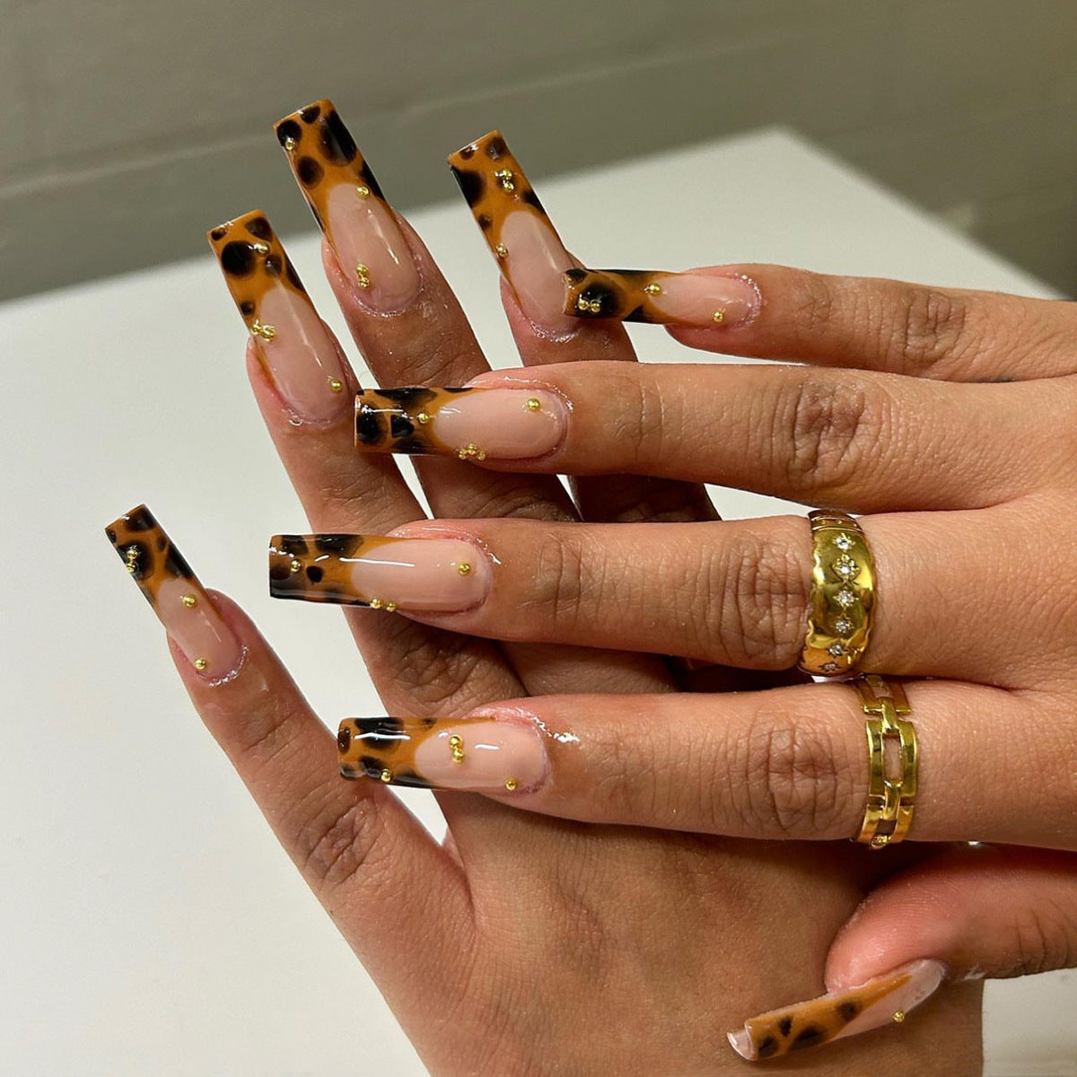 Wild Safari Square Long Acrylic Press On Nails in Brown and Black with Gold Stud Accents