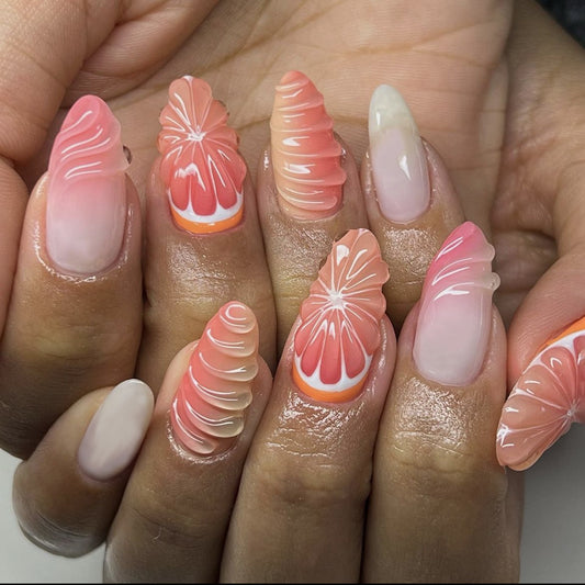 Citrus Delight Long Almond Peach Pink Press On Nail Set with Unique Swirl Design