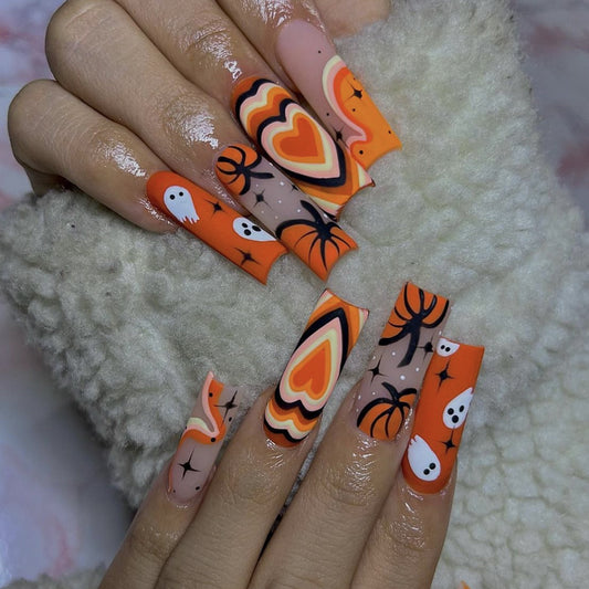 Spooky Halloween Long Square Orange Press On Nail Set with Ghost and Spider Designs