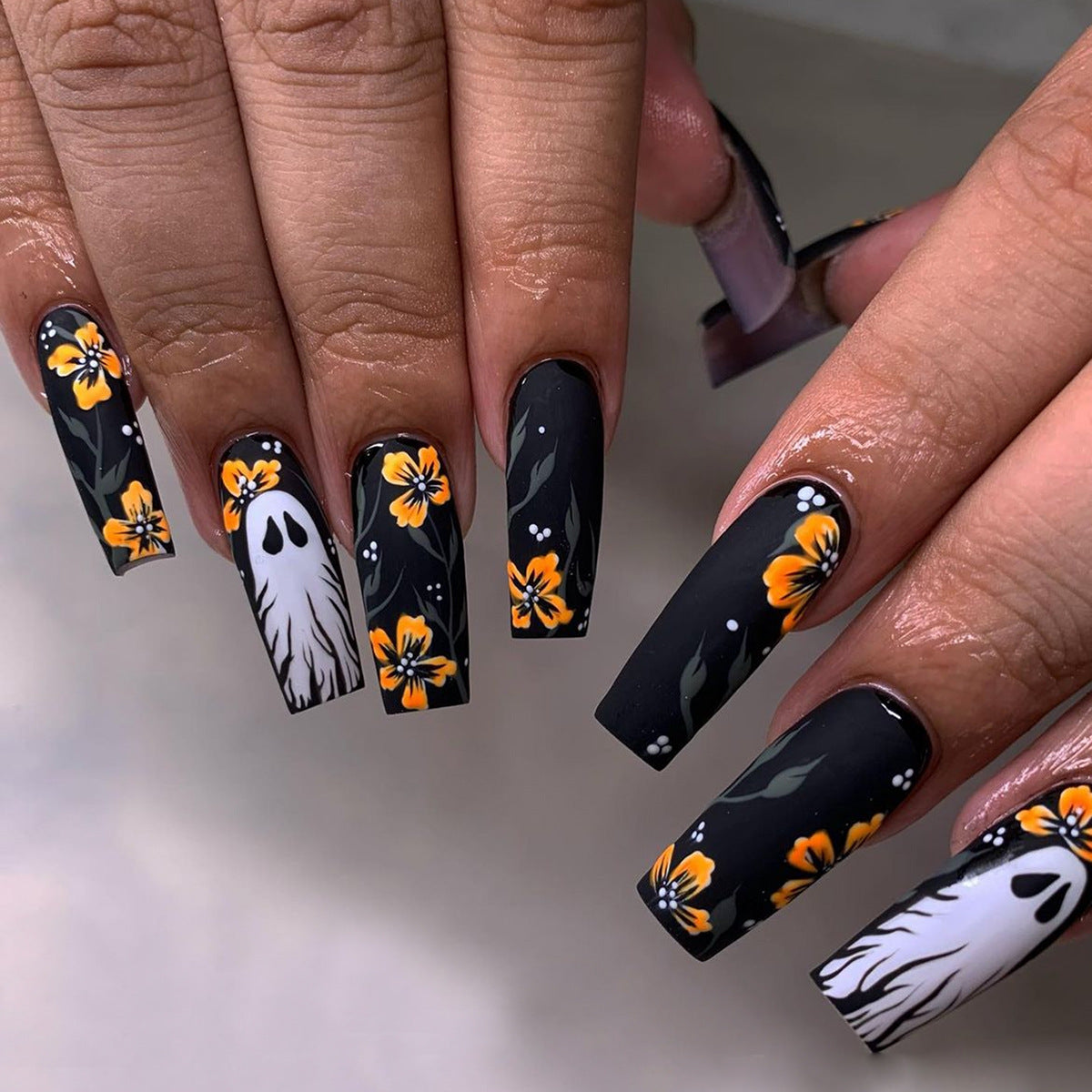 Spooky Floral Long Square Matte Black Press On Nail Set with Ghost and Flower Design