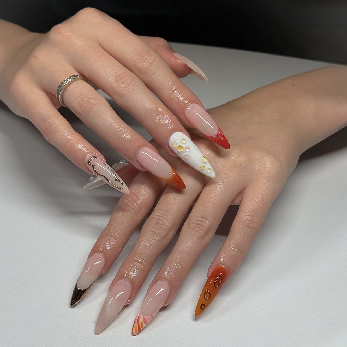 Autumn Spice Long Stiletto Press On Nail Set in Beige and Red with Dazzling Dot Accents