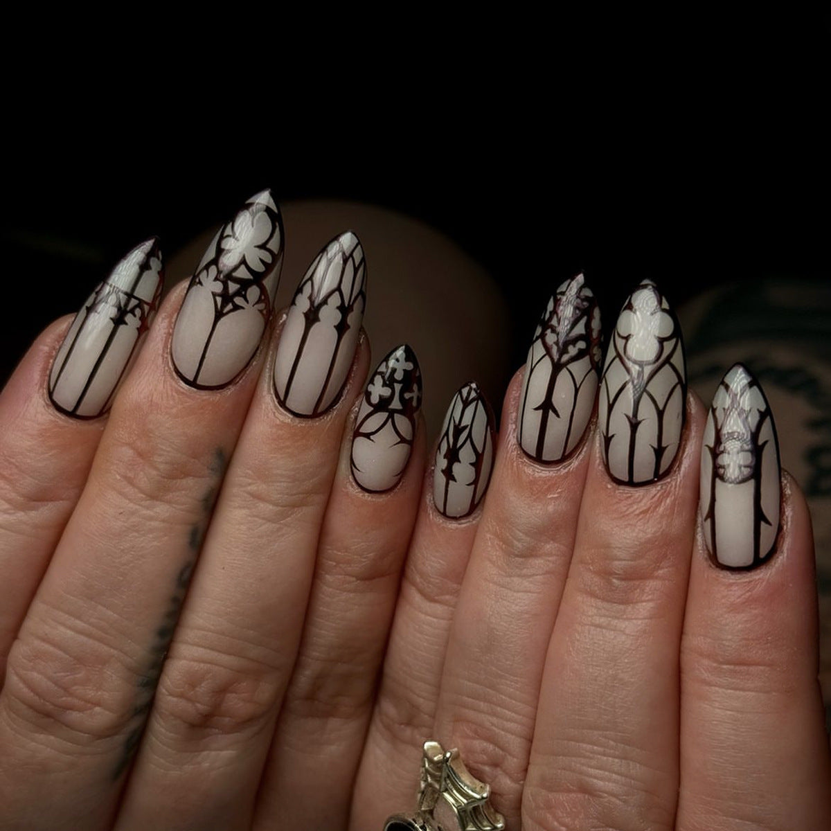 Gothic Charm Long Almond Black and White Press On Nail Set with Intricate Lace Designs