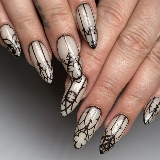 Gothic Elegance Extra Long Almond Press On Nails Cream and Black Floral Design