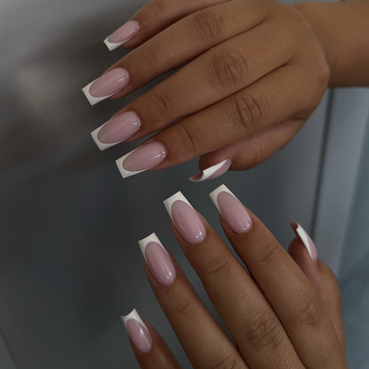 Elegant Dreamland Long Coffin Pink and White Press On Nail Set with Stylish French Tip Design