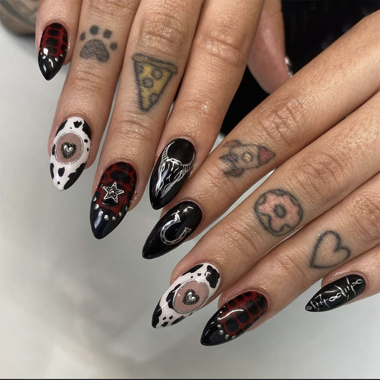 Gothic Cowgirl Long Length Almond Shaped Black and White Press On Nail Set with Unique Heart and Star Artwork