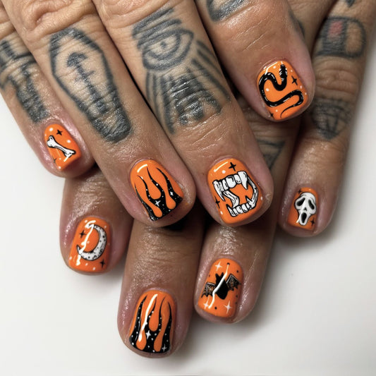 Spooky Halloween Press On Nail Set Short Square Bright Orange with Unique Creepy Monster Designs