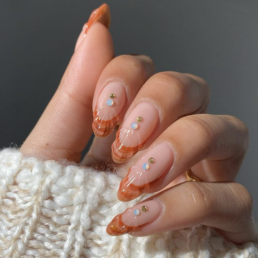 Autumn Elegance Medium Oval Orange Ombre with Sparkling Accents Press-On Nail Set