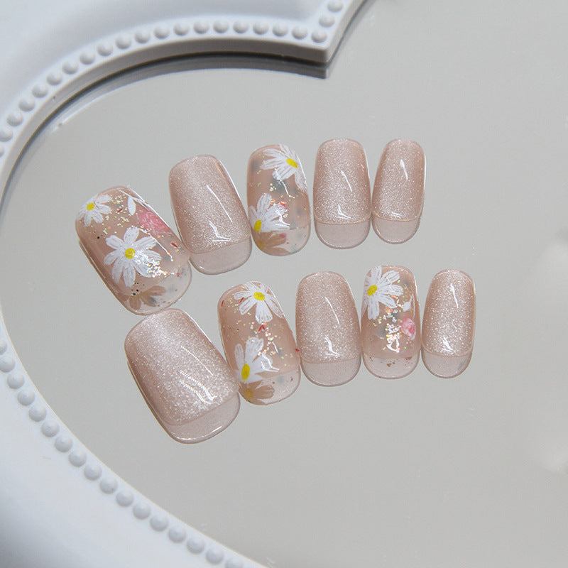 Dreamy Floral Elegance Short Square Beige Press On Nail Set with Shimmer and Daisy Accents