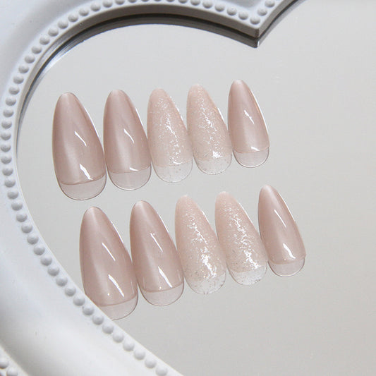 Elegant Blossom Long Almond Press On Nail Set Soft Pink Gradient with Sparkle Finish