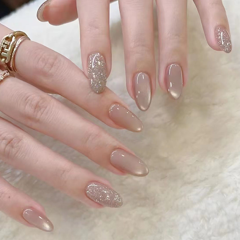 Glamorous Evening Spirit Long Almond Beige and Glitter Press On Nail Set with Stunning Ombre Finish