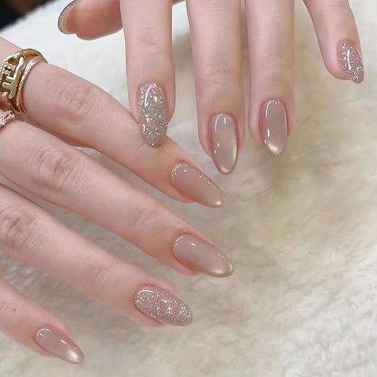 Glamorous Evening Spirit Long Almond Beige and Glitter Press On Nail Set with Stunning Ombre Finish