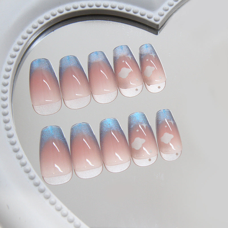 Dreamy Ocean Wave Long Square Pink Ombre Press On Nail Set with Glitter Accents and Floral Design