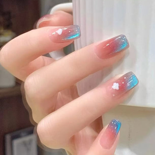 Dreamy Ocean Sunset Long Square Gradient Press On Nail Set with Adorable Star Accents