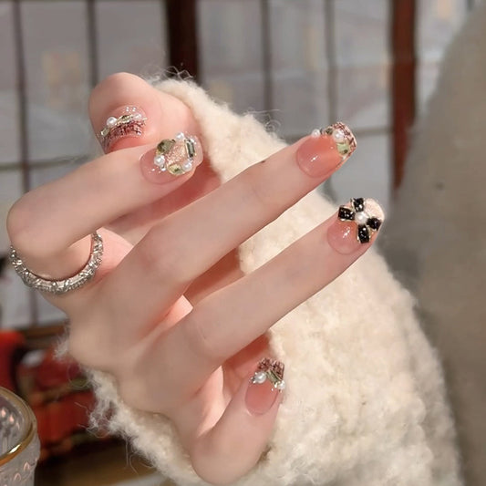 Enchanting Floral Elegance Medium Square Shape Transparent Pink Design with Iridescent Gems and Pearl Accents Press On Nail Set