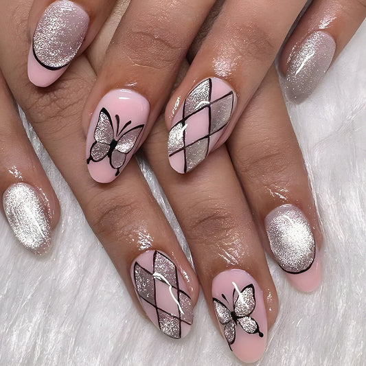 Enchanted Butterfly Garden Long Almond Pink and Silver Glitter with Elegant Butterfly Design Press On Nail Set