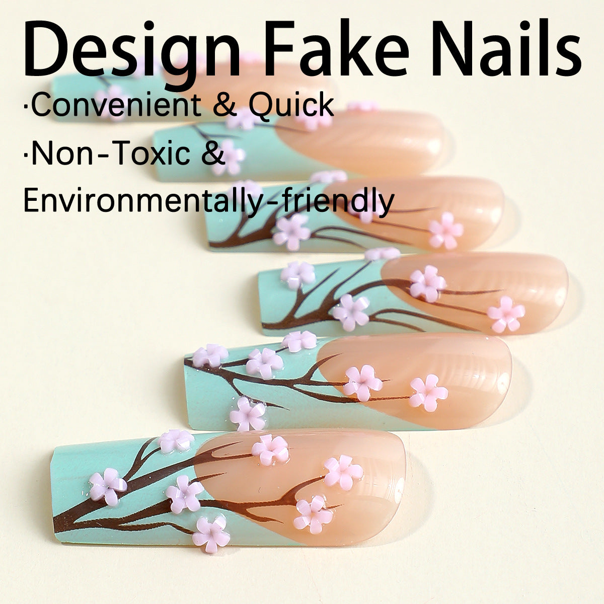 Spring Blossom Extra Long Coffin Mint Green Press On Nails with Hand Painted Cherry Blossoms