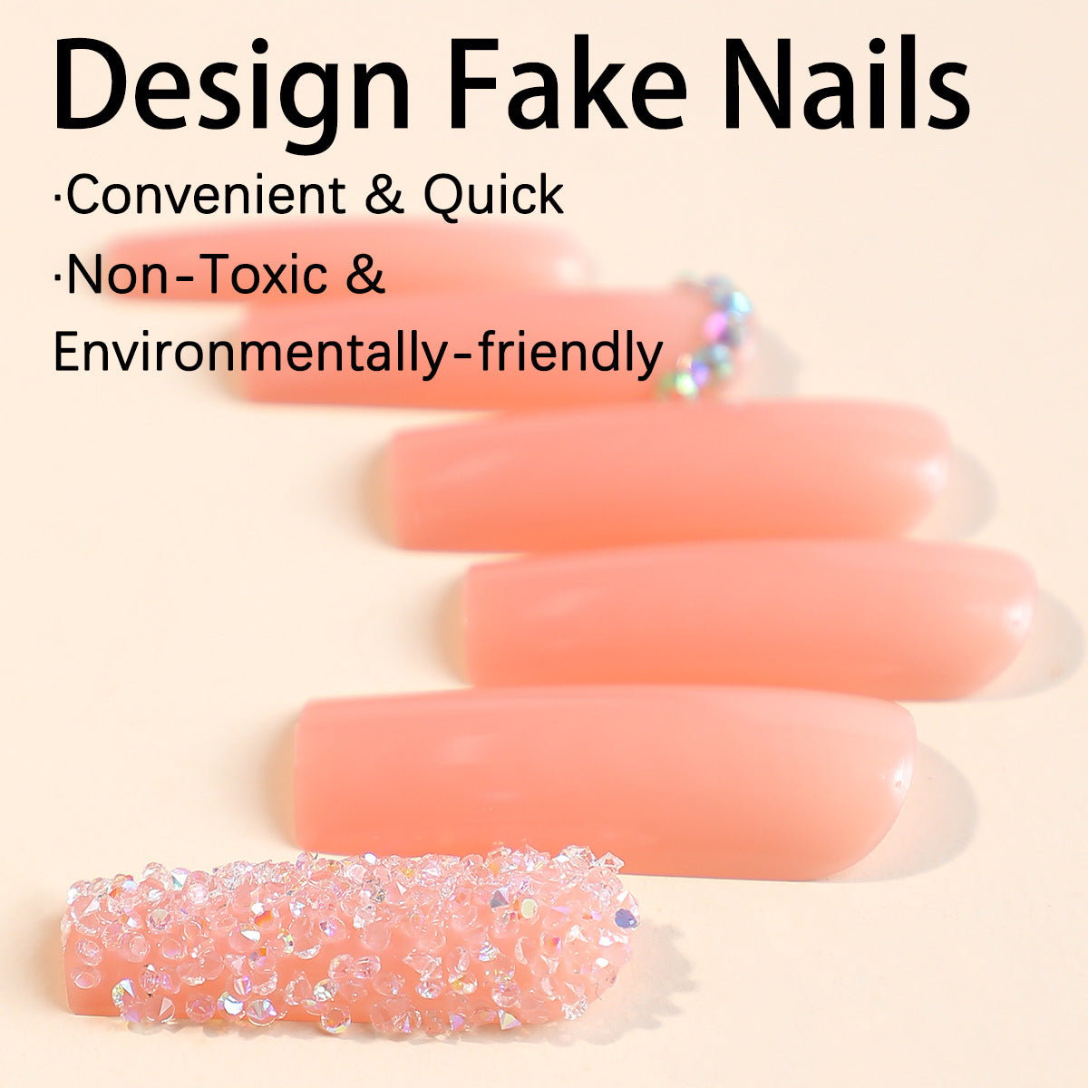 Glamorous Long Coffin Peach Press On Nails with Glitter Accents and Rhinestone Embellishments