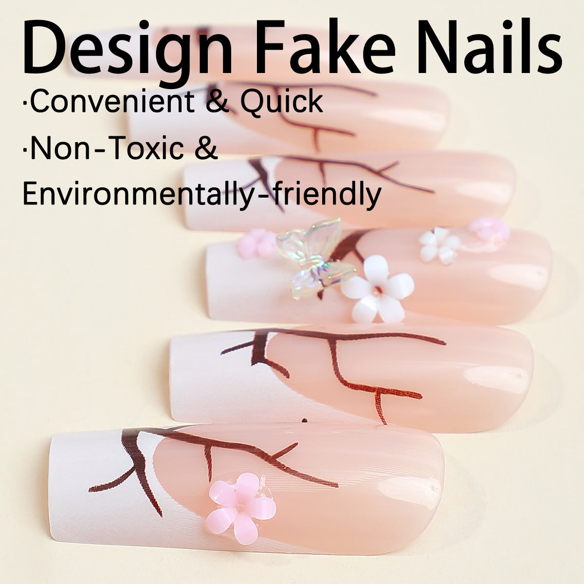 Sakura Blossom Long Square Transparent Nail Set with Pink Floral Art and Butterfly Accents