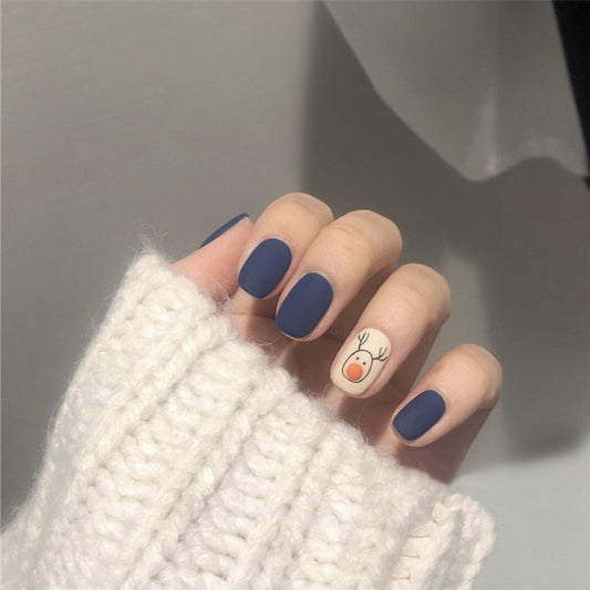 Winter Wonderland Medium-Length Squoval Matte Blue Press On Nail Set with Reindeer Accent Design