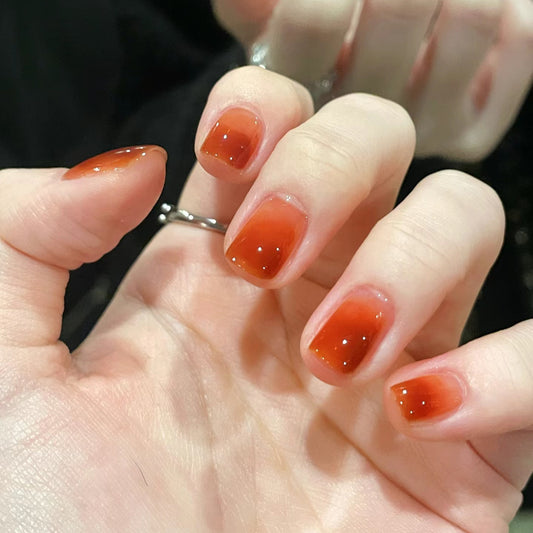 Autumn Glow Medium Square Press On Nail Set in Warm Amber with Gradient Finish